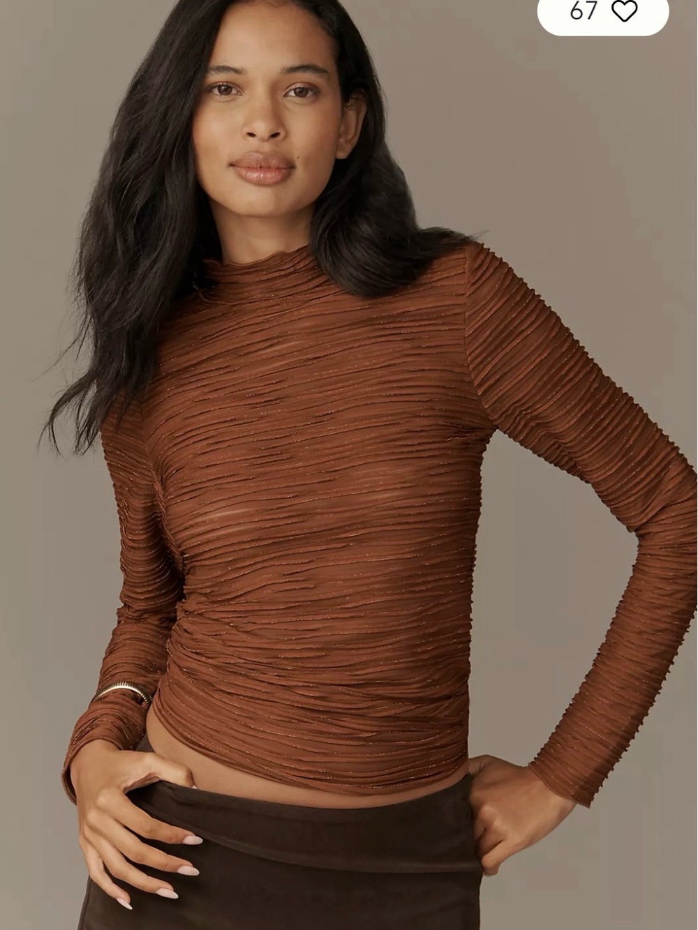 Pilcro Ruched Long-Sleeve Crewneck Top in Brown